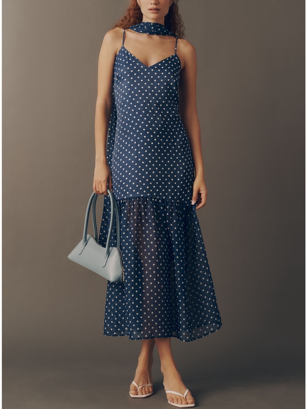 NWT ANTHROPOLOGIE Navy Polka Dot Slip Midi Dress with Scarf